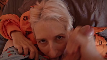 Handjob with cum on her face and mouth