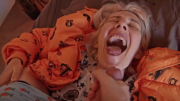 Handjob with cum on her face and mouth