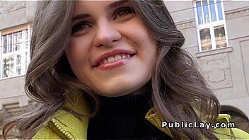 Babe flashing tits in public for cash