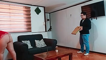A housewife fucks a pizza delivery man because her husband didn't give her money to pay for the service