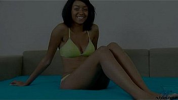 Black teen girl with perky tits and a tan lines fucking silver dildo and reinforce it with magic wand vibe to make her needy pussy more satisfy
