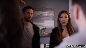 Asian milf catches hubby cheating and gets back at him kissing a big tits brunette is facefucked and fucked rough and squirts