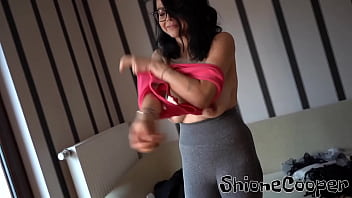 Morning fitness exercise bouncing boobs and push to the glass window my boobs and nipples