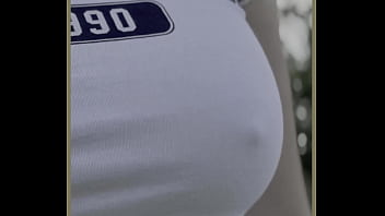 Milf exercises outdoors with no bra