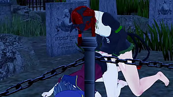 Rin kaenbyou plays with miyako yoshika in the myouren temple cemetery futanari