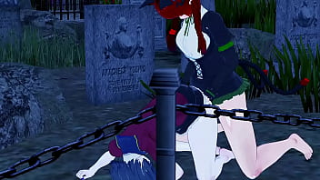 Rin kaenbyou plays with miyako yoshika in the myouren temple cemetery futanari