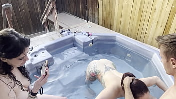 Dickflash cleaner and 2 girls hot tub adventure 2 4 ffm cleaner helps two girls clean their pipes and cums on their faces