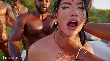 Outdoor gangbang 9 guys fuck latina slut in lingerie with anal and dp