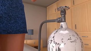 A woman is inflated by gas like a big balloon