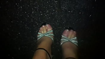 Walking in the rain with sexy stilettos and nylons