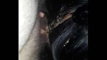 Redbone in blindfold swallows cock