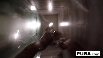 Brunette babe gets wet