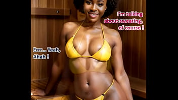 Gorgeous busty ebony teasing and fucking in a sauna in her yellow leather bikini ai illustrated leather porn dream
