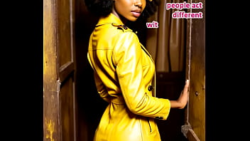 Gorgeous busty ebony teasing and fucking in a sauna in her yellow leather bikini ai illustrated leather porn dream