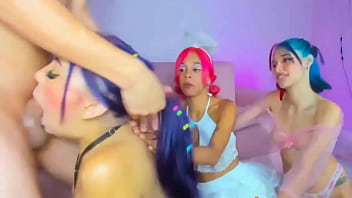 This purple haired girl is ruthless as she swallows the entire cock down her throat