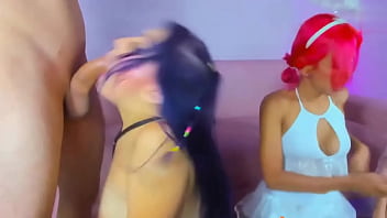 This purple haired girl is ruthless as she swallows the entire cock down her throat
