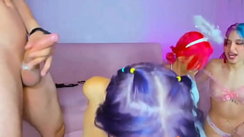 This purple haired girl is ruthless as she swallows the entire cock down her throat