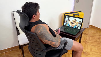 Pornstar steps out of the computer screen to please her horny fan