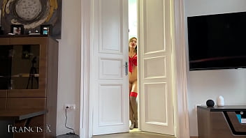 Birthday gift slut in red bow gets hard fucked on the bed