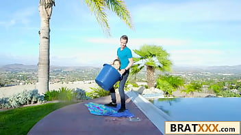 Tiny brunette flips from bucket to bed in hardcore action