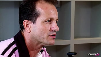 Blonde fit model with perfect body let older guy cum twice in a row while hard fuck at model job