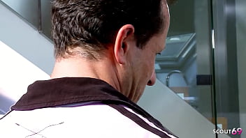 Blonde fit model with perfect body let older guy cum twice in a row while hard fuck at model job