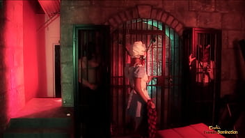 While the brunette hottie was teasing the two caged demons by stripping off her clothes and sucking their cocks one of them broke loose and let out the other one right before they fucked her hard