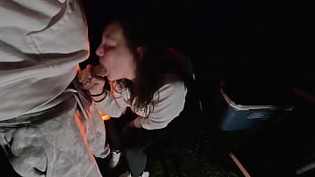 Using milf pussy at camp next to the fire