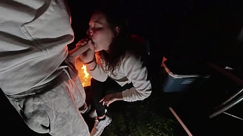 Using milf pussy at camp next to the fire
