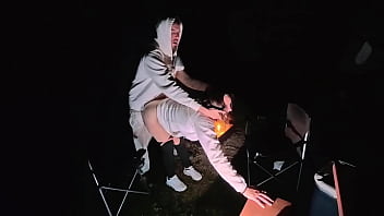 Using milf pussy at camp next to the fire
