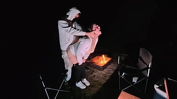 Using milf pussy at camp next to the fire