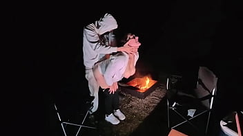 Using milf pussy at camp next to the fire