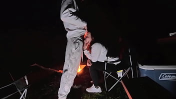 Using milf pussy at camp next to the fire