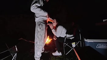 Using milf pussy at camp next to the fire