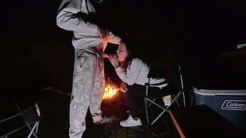 Using milf pussy at camp next to the fire