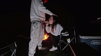 Using milf pussy at camp next to the fire