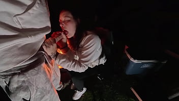 Using milf pussy at camp next to the fire