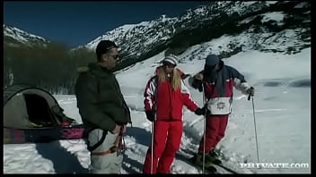 Diana gold screws two skiers in the snow before getting a stand up dp