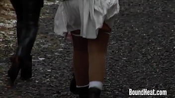 Busty lesbian slaves doing their best to please dominant mistress