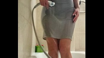Wet look dress and white shirt