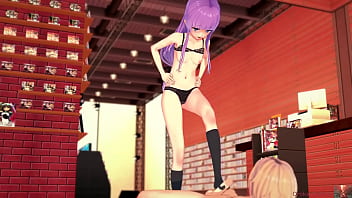 Purple haired girl reinvents footjobs and gets covered all over