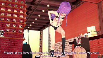 Purple haired girl reinvents footjobs and gets covered all over