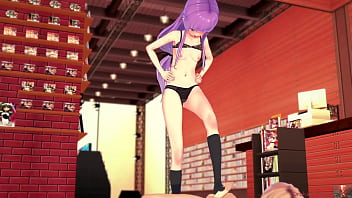 Purple haired girl reinvents footjobs and gets covered all over