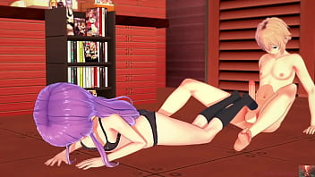 Purple haired girl reinvents footjobs and gets covered all over