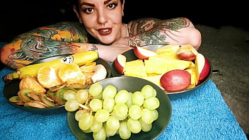 Hot horny tattooed bitch sexy eating fruit and pouring sweet yogurt on her boobs