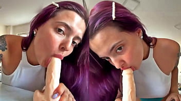 Deep slowy blowjob from purple haired beauty