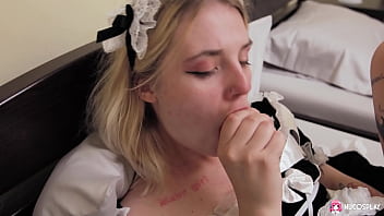 Horny tattooed maid angelina plays in bed with a sex toy