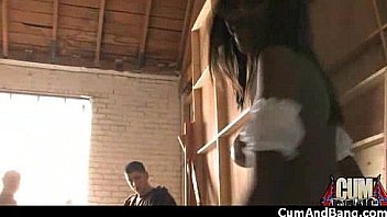 Ebony babe sucks group of white guys 8