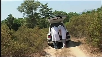 The two doctors fuck the busty patient in the middle of the countryside