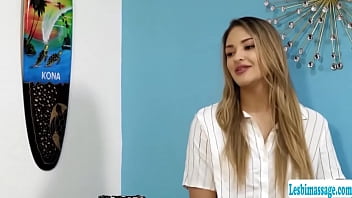 Busty blonde goes to the house of her new neighbor and gives her a free that they get horny and start licking each others wet pussy